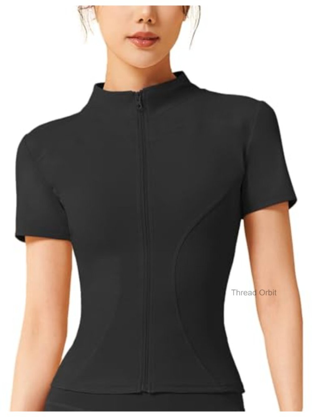 Women's Slim Fit Short Sleeve Workout Jacket Full Zip Stand Collar Yoga